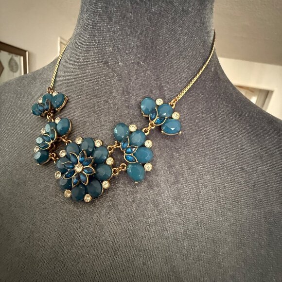 Blue Floral Statement Necklace With Gold Chain & Rhinestone Accents - Picture 2 of 3